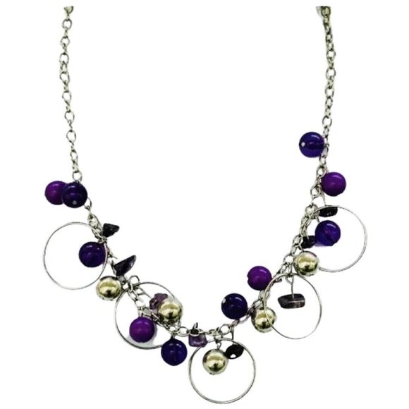 Purple Cluster Beaded Necklace 20" Circle Fashion Statement - Picture 2 of 11